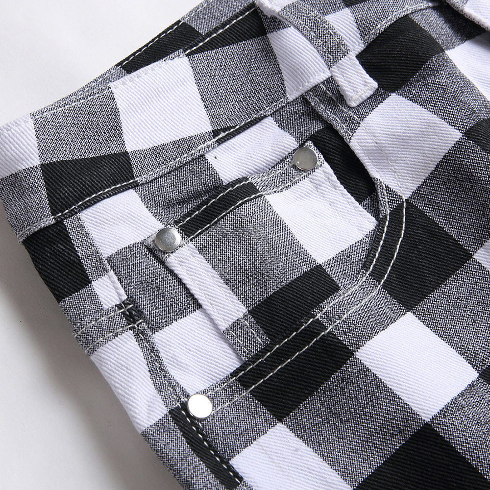 Men's Jeans Black and White Plaid Printed Fashion Check Digital Print Slim Straight Pants Stretch Trousers 230211