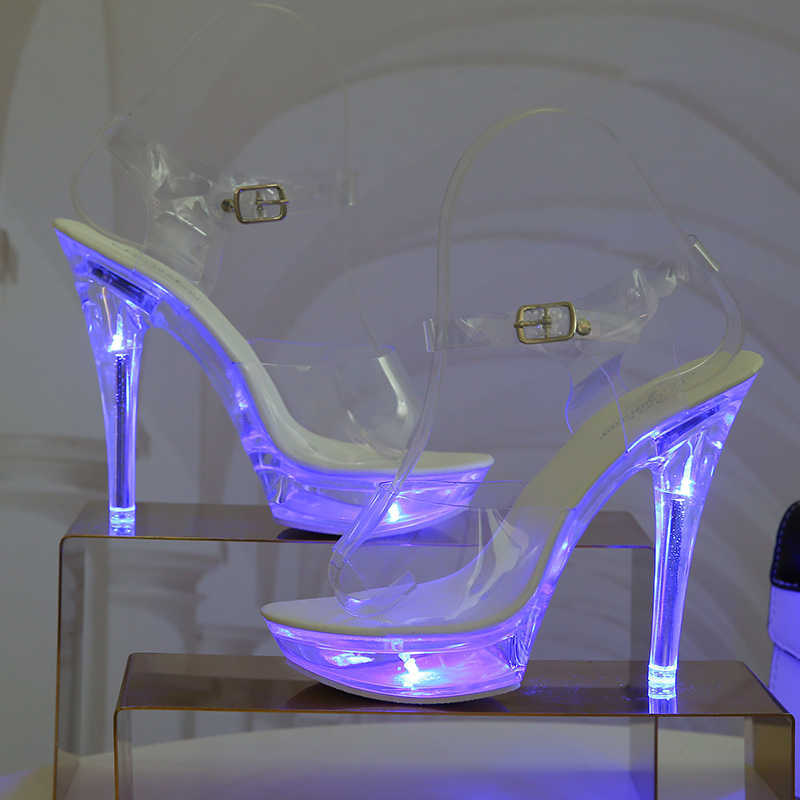 Sandals Light Up Glowing Shoes Woman Luminous Clear Sandals Women Platform Shoes LED 13cm High Heel Transparent Stripper Heels Shoes G230211