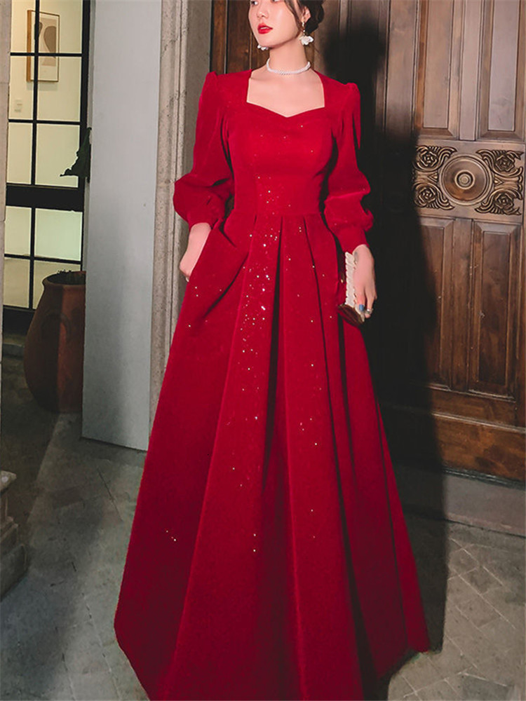 Party Dresses Temperament Dress Women's Solid Color Spring Autumn Square Collar Long-sleeved A-line Long Skirt Fashion Female Clothing 245 230211