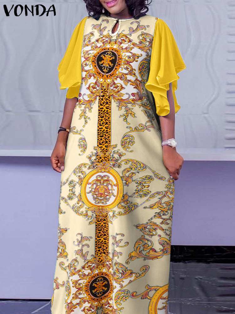 Party Dresses VONDA Bohemian Maxi Dress Women Half Sleeve Ruffled Vintage Printed Robe Femme Summer Casual Loose Ruffles Vestidos 230211