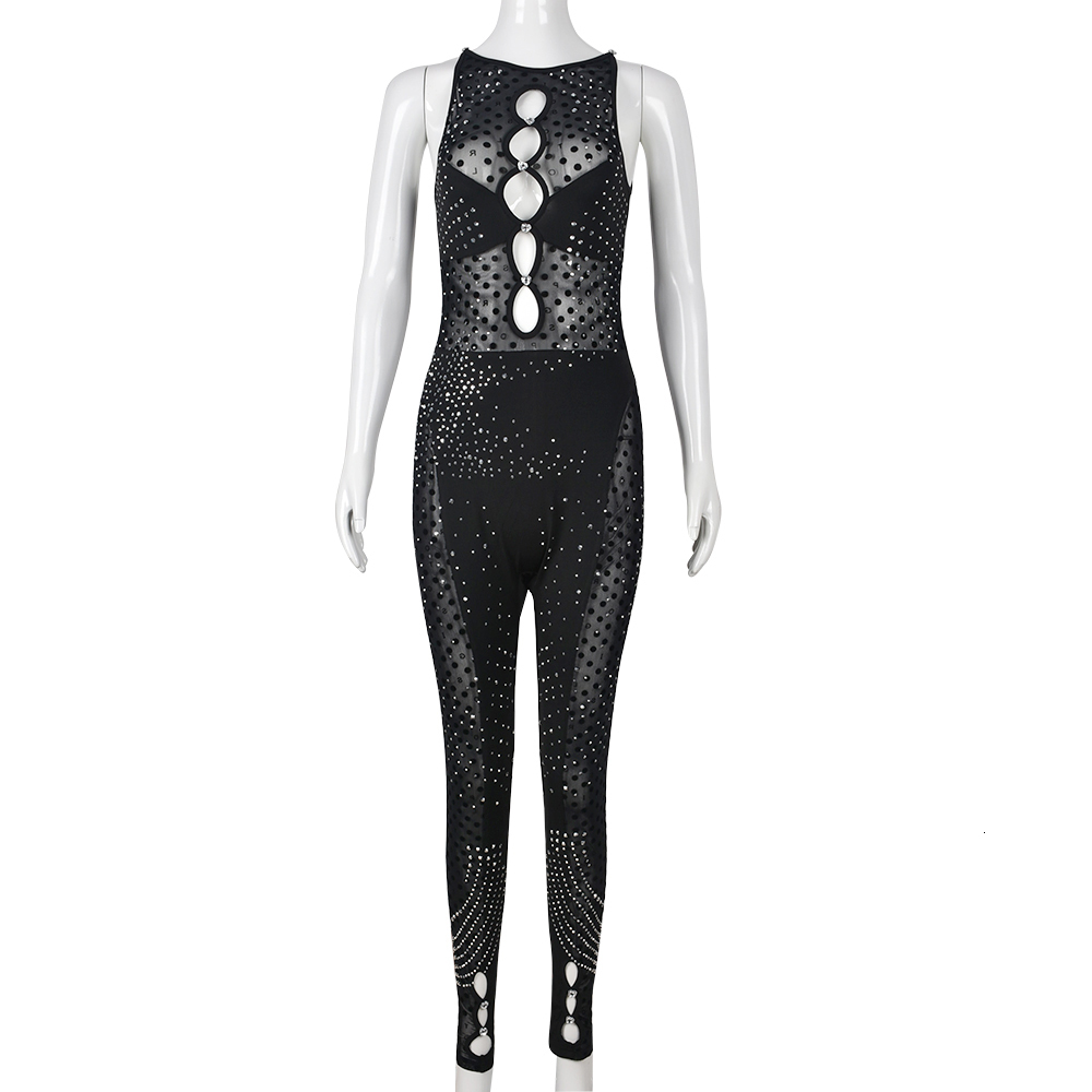 Women's Jumpsuits Rompers Cut Out Mesh Sheer Patchwork Bodycon Rompers Summer Sexy Diamond Jumpsuits Women Sleeveless Fitness Clubwear 230210