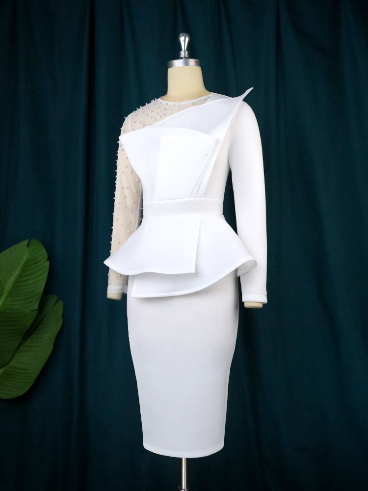 Party Dresses Women White Dress Sexy Long Sleeve Beading Mesh Patchwork Peplum Elegant Knee Length Christmas Event Evening African Gowns 230211