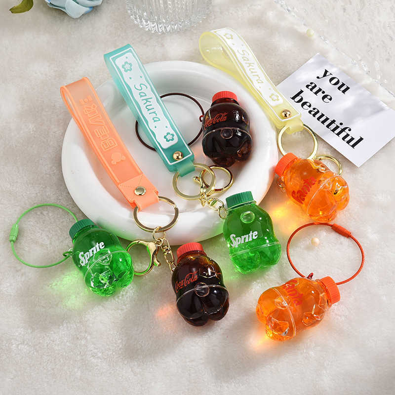 Key Rings Cartoon Summer Drink Bottle Keychains Acrylic Moving Liquid Quicksand Ice Keyring For Women Couple Bag Charm Key Chains Gifts G230210