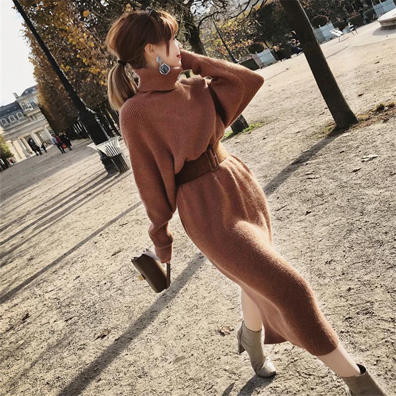 Casual Dresses WAVSIYIER Women Knitted Dress Female Autumn Winter Jumper Woman Solid Brown Belt Turtleneck Collar Maxi Sweater