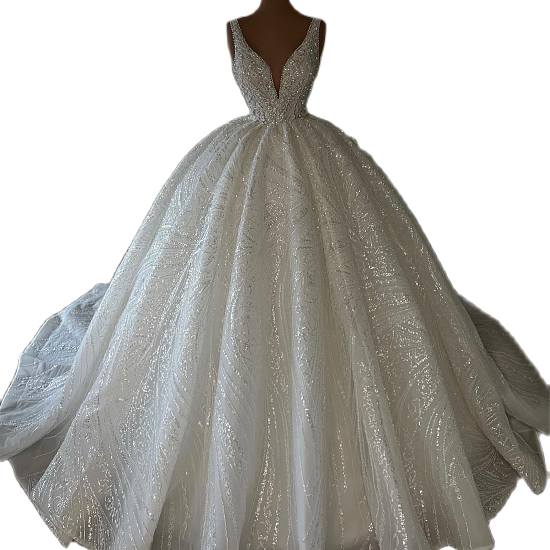 Ball Sparkly Gown Wedding Dress Tailored Beads V Neck Sleeveless Bridal Gowns Ruffles Sweep Train Bride Dresses s es