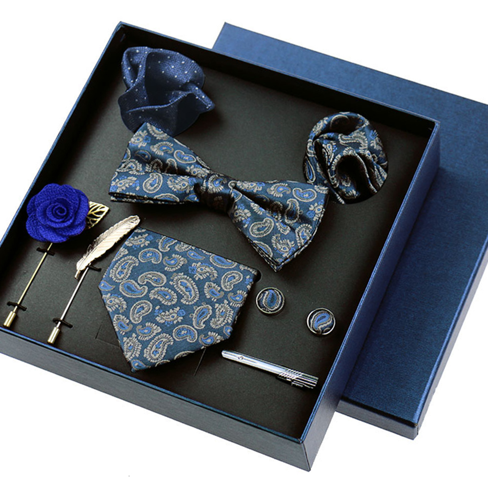 Neck Tie Set 8-piece Set Bussiness Blue Ties For Mans Floral Brooches Pin Cufflinks Tie Clips Butterfly Bowtie Wedding Accessori Gift Box Set 230210