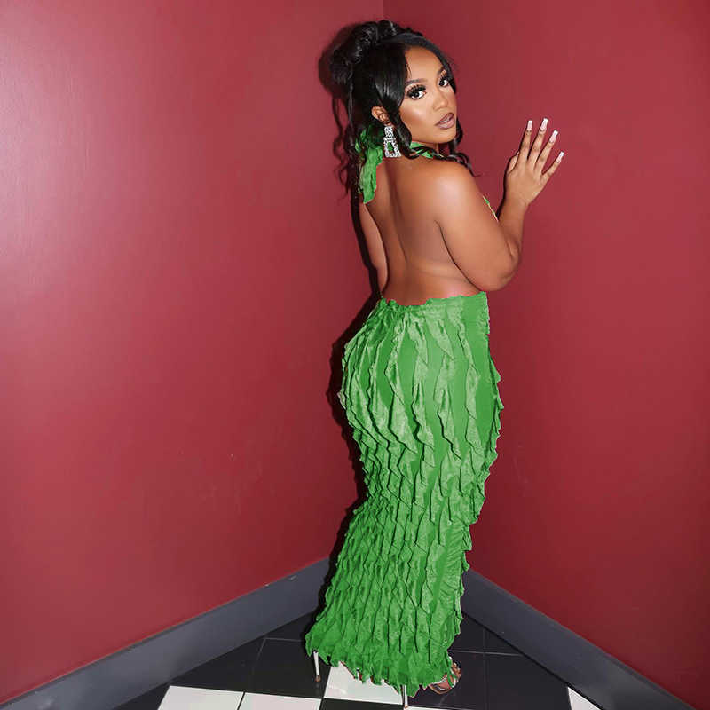 ANJAMANOR Casual Ruffled Dresses Mesh Deep V Halter Backless Long Maxi Dress Sexy Party Night Clubwear Pink Birthday Dressed For Women D66-Bh19 T2