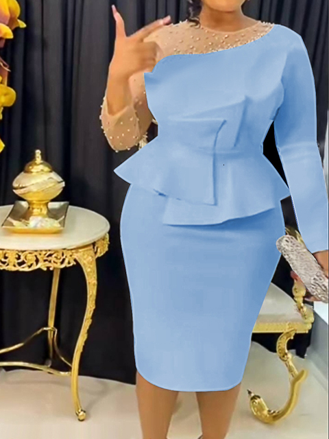 Party Dresses Women White Dress Sexy Long Sleeve Beading Mesh Patchwork Peplum Elegant Knee Length Christmas Event Evening African Gowns 230211