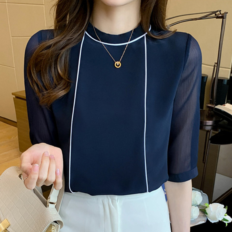 Women's Blouses Shirts Summer O-Neck Blue Chiffon Shirt Tops Short Sleeve Blusas Mujer De Moda F97 230211