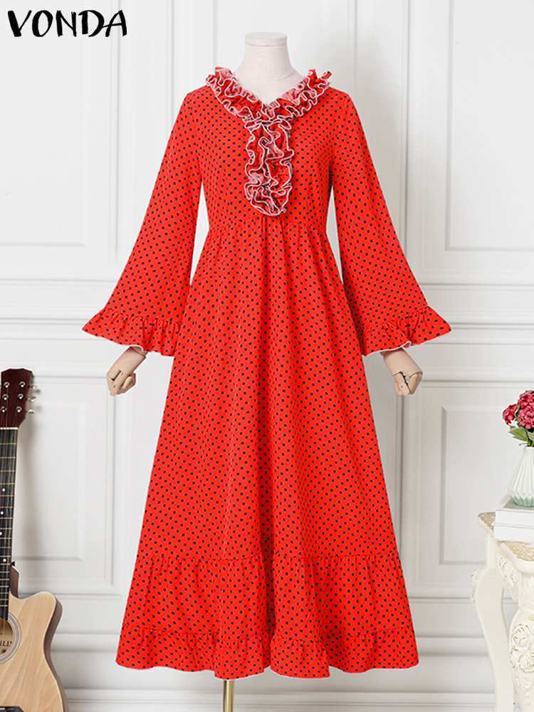 Party Dresses VONDA Women Long Sleeve Bohemian Dress Polka Dot Printed Maxi Summer Evening Pleated Casual Loose Robe Femme 230211