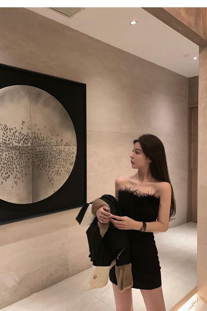 New design womens sexy ostrich fur patched tube top strapless padded short tanks camisole SML