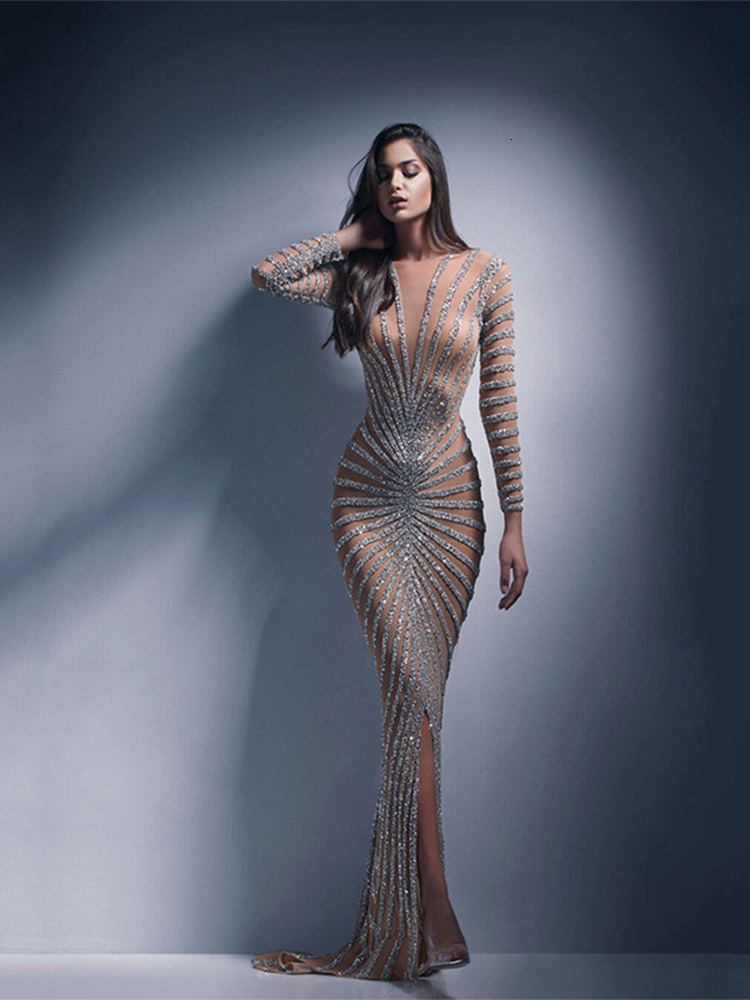 Party Dresses Women Sexy Mesh Sequins Split Fishtail Dresses Female Sexy V Neck Long Sleeve Maxi Dress Summer Lady Party Evening Long Dress 230211