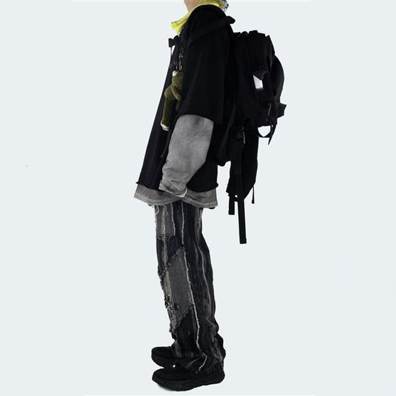 Men's Jeans Vintage Frayed Wide-leg Men Woman Distressed Patchwork Punk Baggy Straight Denim Trousers Hiphop Street Couple Black Pants 230211