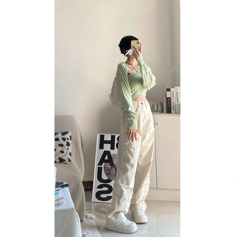 Women's Jeans Wash paste cloth with rough edges flowers waist straight tube loose and thin versatile jeans women's high street 230211 Z26031