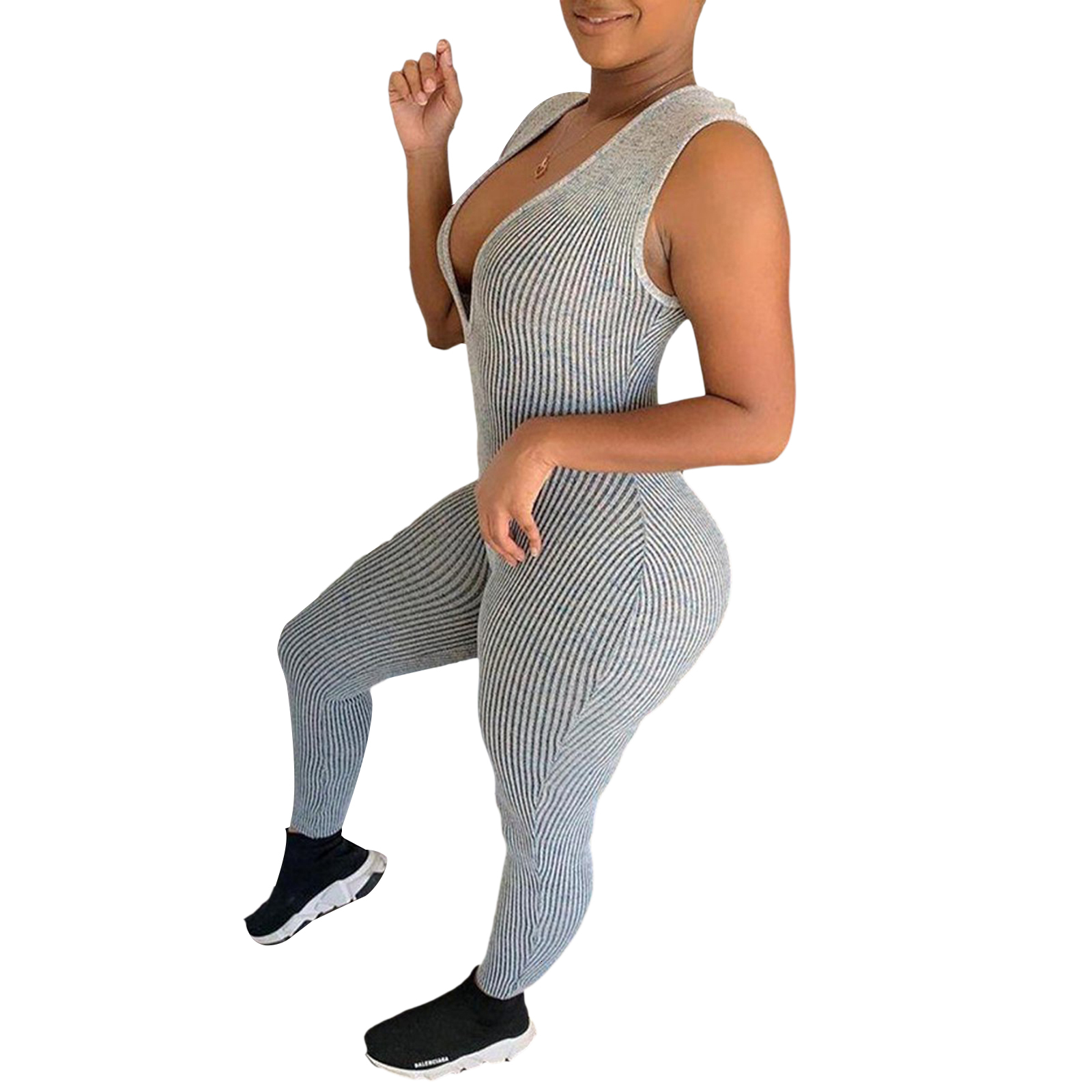 Women's Jumpsuits Rompers Deep V Neck Ribbed Long Jumpsuits Sleeveless Women Skinny Solid Army Green Bodycon Fashion Push Up Outfits 230210
