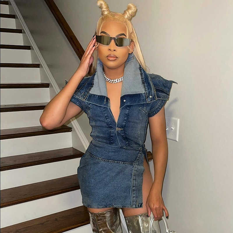 Dresses ANJAMANOR Streetwear Casual Fashion Denim Two Piece Set For Women Split Mini Skirt And Top Sexy Summer 2023 Outfits Dress Sets D85-Fi49 T2
