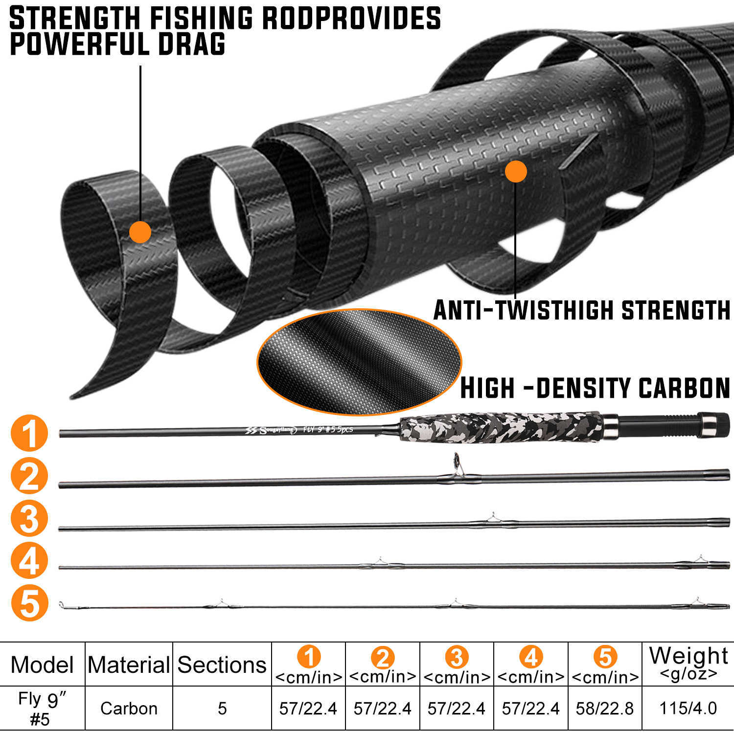 Boat Fishing Rods Sougayilang 5# Fly Fishing Rod Lightweight Ultra Portable 5 Section Carbon Fiber Rod Graphite EVA Handle Travel Fly Rod Pesca J23021