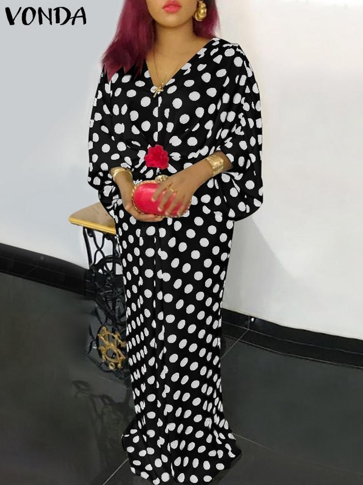 Party Dresses Women Ruffled Dress VONDA Polka Dot Print Evening Bohemian Crochet Patchwork Maxi Sundress Femme Vestidos 230211