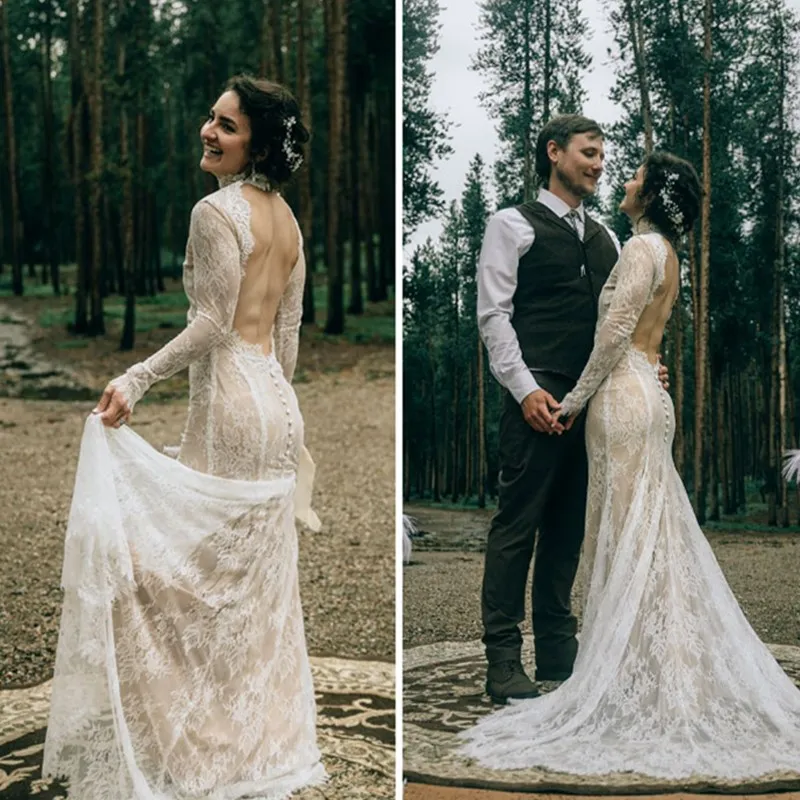 Boho Lace Mermaid Wedding Dresses Bridal Gown Long Sleeves High Neck Backless Sweep Train Ruffles Covered Buttons Back Custom Made Vestidos De Novia P
