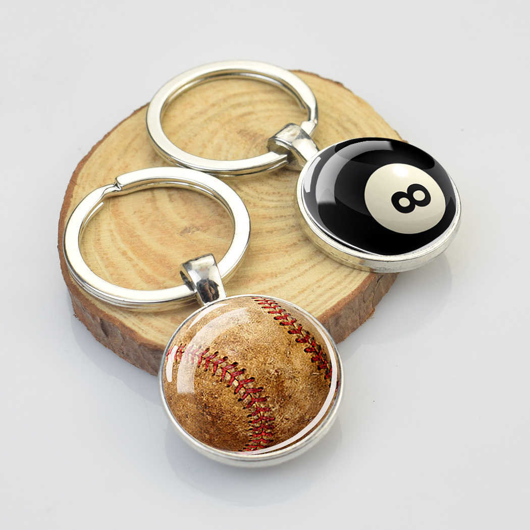 Key Rings Creative Football Pendant Keychain Double Side Sports Ball Basketball Tennis Golf Volleyball Glass Cabochon Gem Keyrings Pendant G230210