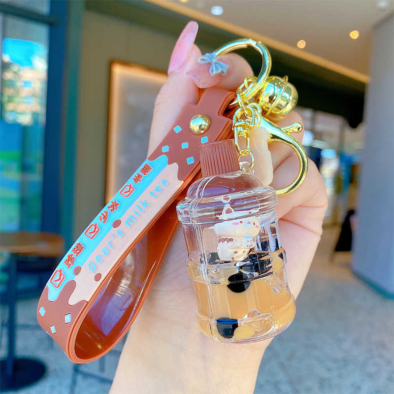 Key Rings Cute Oily Pearl Milk Tea Bear Floating Liquid Keychain Pendant Cup Drink Bottle llaveros Keychain keyring brelok sleutelhanger G230210