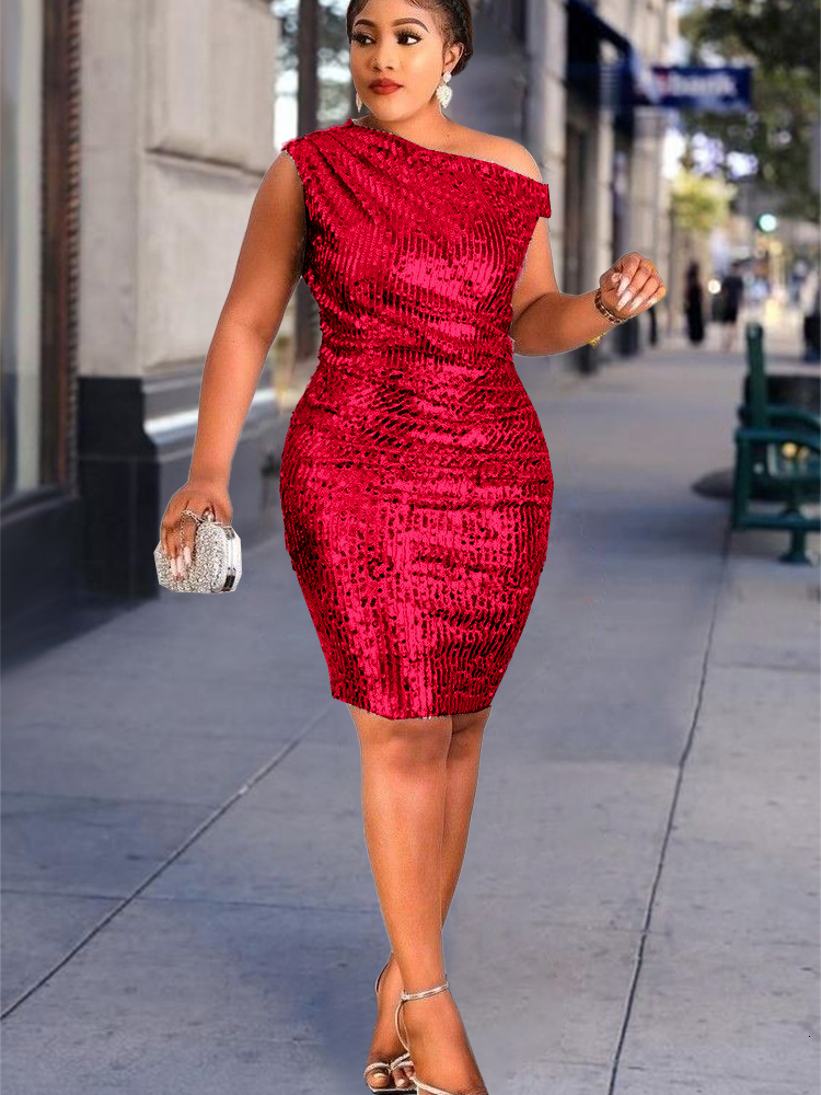 Party Dresses Large Size Sequins Dress Women Club Wear Bodycon One Shoulder Robes Femmes African Sleeveless Mini Inclined Shoulder Ball Gowns 230211
