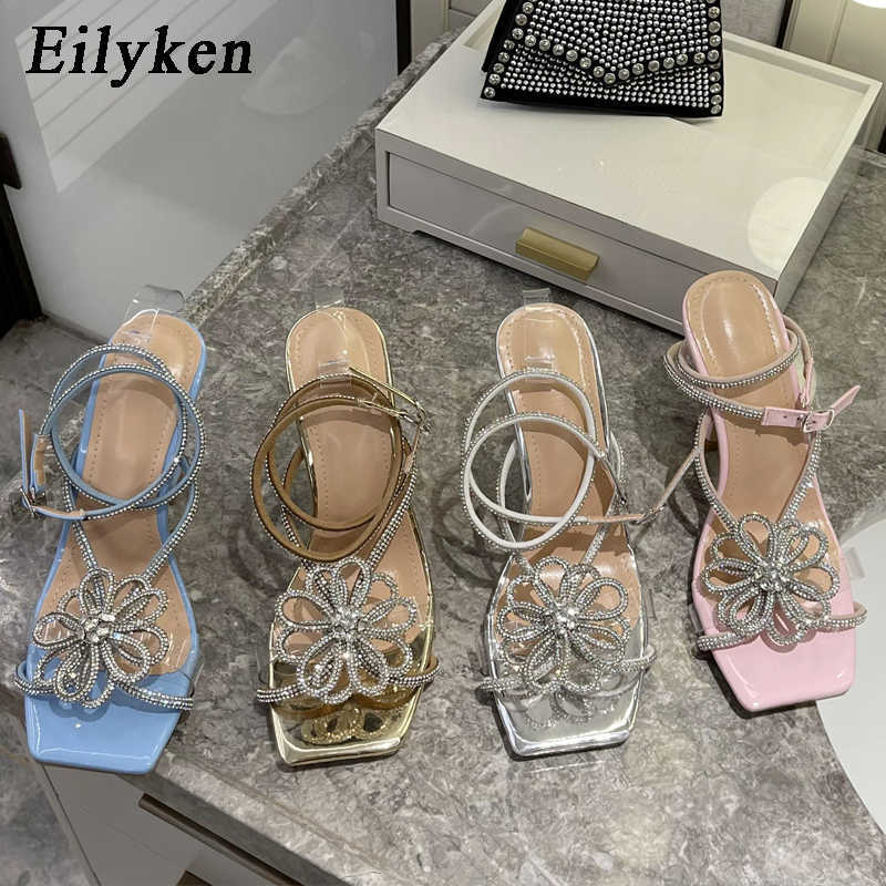 Sandals Eilyken New Glitter Crystal Flowers Summer Women Sandals Gold Pink Rhinestone Ankle Strap Wedding Shoes High Heels Party Pumps G230211