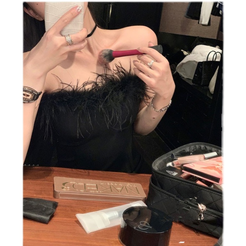 New design womens sexy ostrich fur patched tube top strapless padded short tanks camisole SML