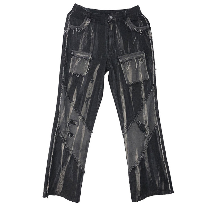 Men's Jeans Vintage Frayed Wide-leg Men Woman Distressed Patchwork Punk Baggy Straight Denim Trousers Hiphop Street Couple Black Pants 230211