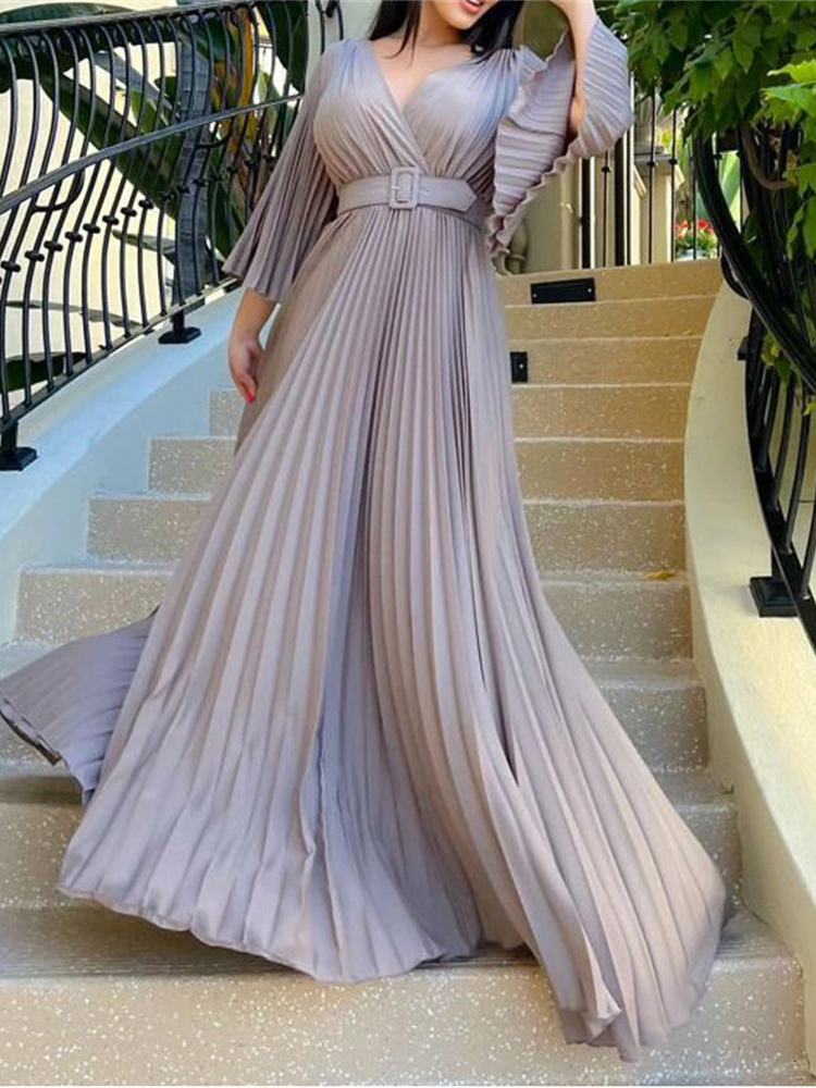 Party Dresses Sexy V-Neck Pleated Dinner Party Dress Women Yellow Elegant with Belt Long Sleeve Robe Femme African Maxi Red Vestido 230211