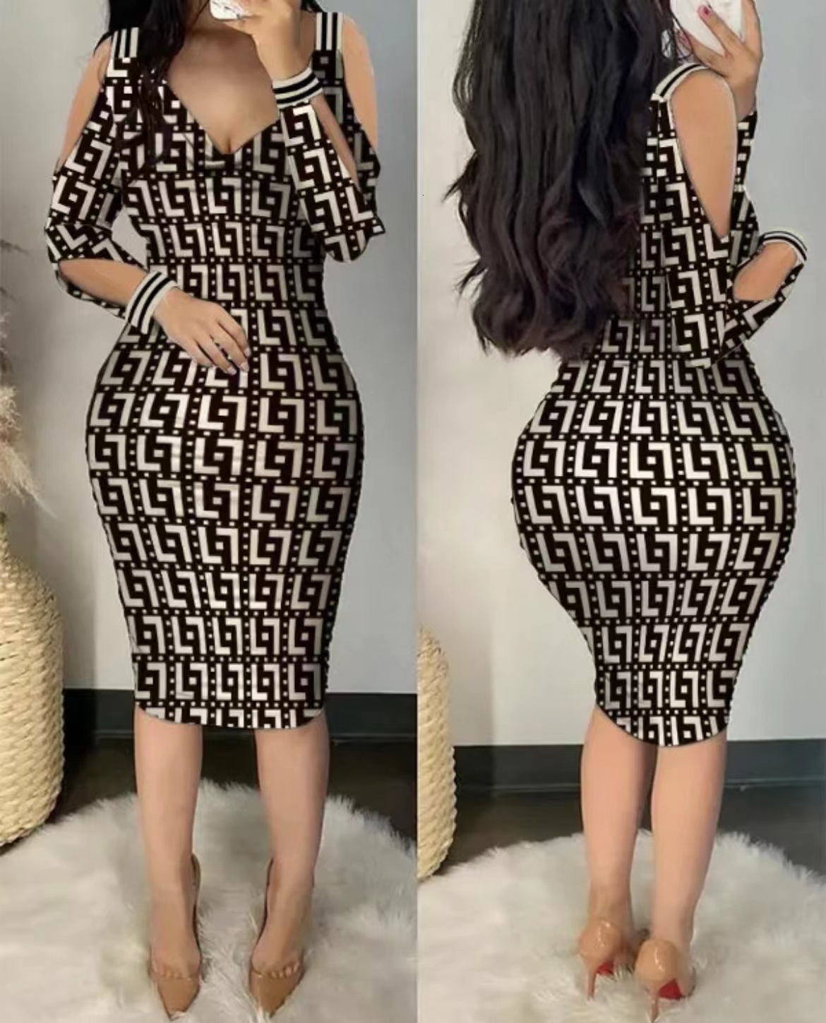 Party Dresses Autumn Sexy Elegant Off Shoulder Tight Women Fashion V-Neck Hollow Out Diamond Long Sleeve Stacked Slim 230211