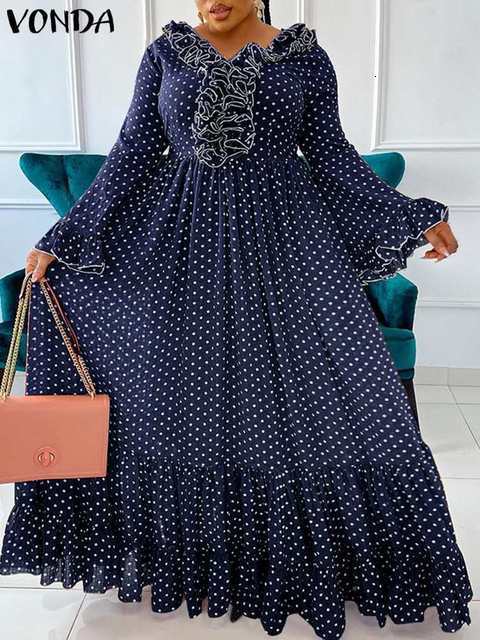 Party Dresses VONDA Women Long Sleeve Bohemian Dress Polka Dot Printed Maxi Summer Evening Pleated Casual Loose Robe Femme 230211