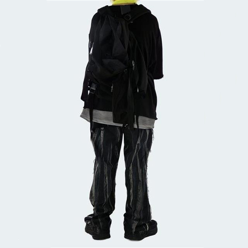 Men's Jeans Vintage Frayed Wide-leg Men Woman Distressed Patchwork Punk Baggy Straight Denim Trousers Hiphop Street Couple Black Pants 230211