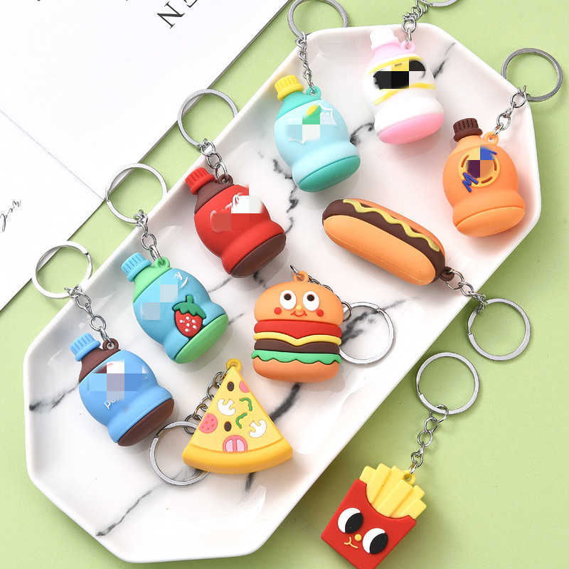 Key Rings Fashion PVC Rubber Keychain Burger Keychain Cute Expression French Fries Pizza Hot Dog Bag Pendant Keyring Friend Gift jewelry G230210