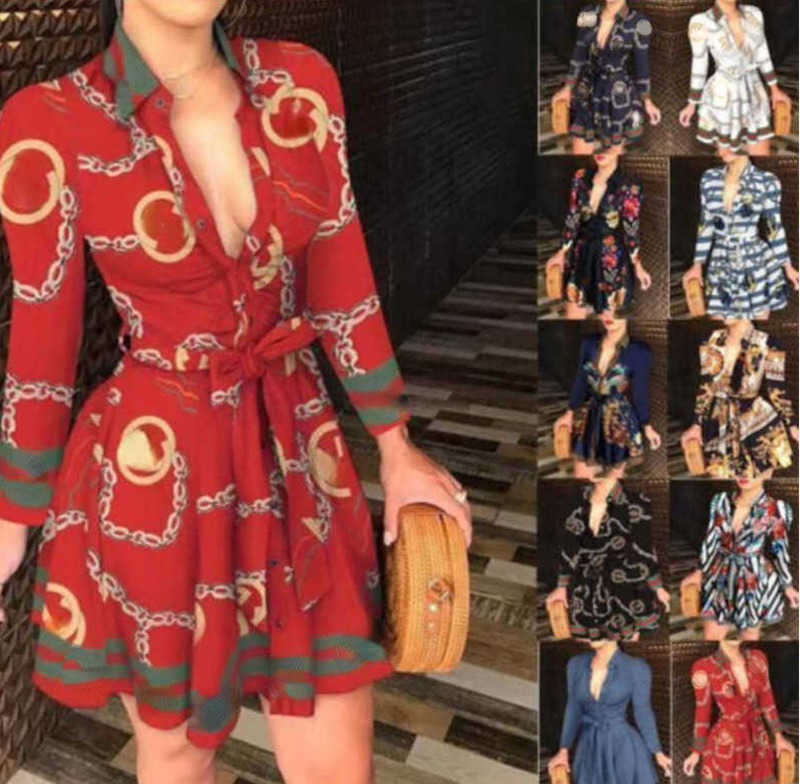 2023 Spring Casual Dresses Plus Size 3XL Women Lace Up Button Down Chain Printed Lapel Neck Party Dress Sexy Bandage Skirt 211