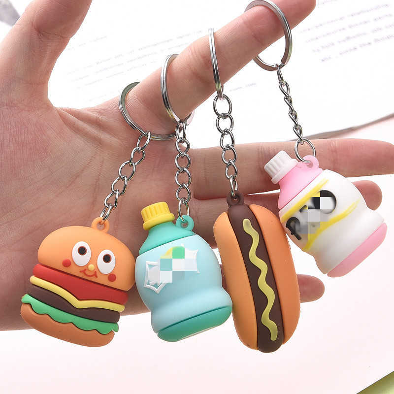 Key Rings Fashion PVC Rubber Keychain Burger Keychain Cute Expression French Fries Pizza Hot Dog Bag Pendant Keyring Friend Gift jewelry G230210