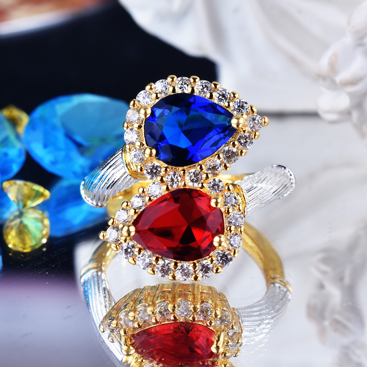 Choucong Brand Wedding Rings Vintage Jewelry 925 Sterling Silver Gold Fill Water Drop Sapphire CZ Diamond Gemstones Party Women Romantic Open Adjustab