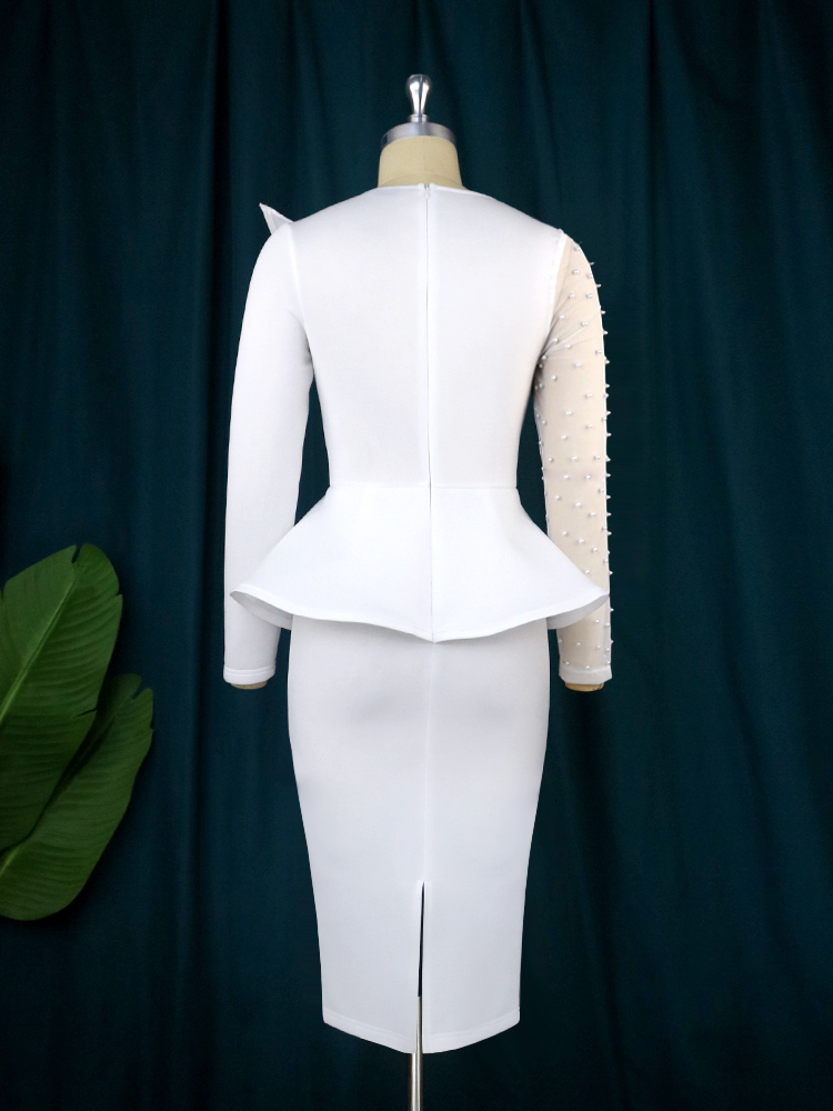 Party Dresses Women White Dress Sexy Long Sleeve Beading Mesh Patchwork Peplum Elegant Knee Length Christmas Event Evening African Gowns 230211