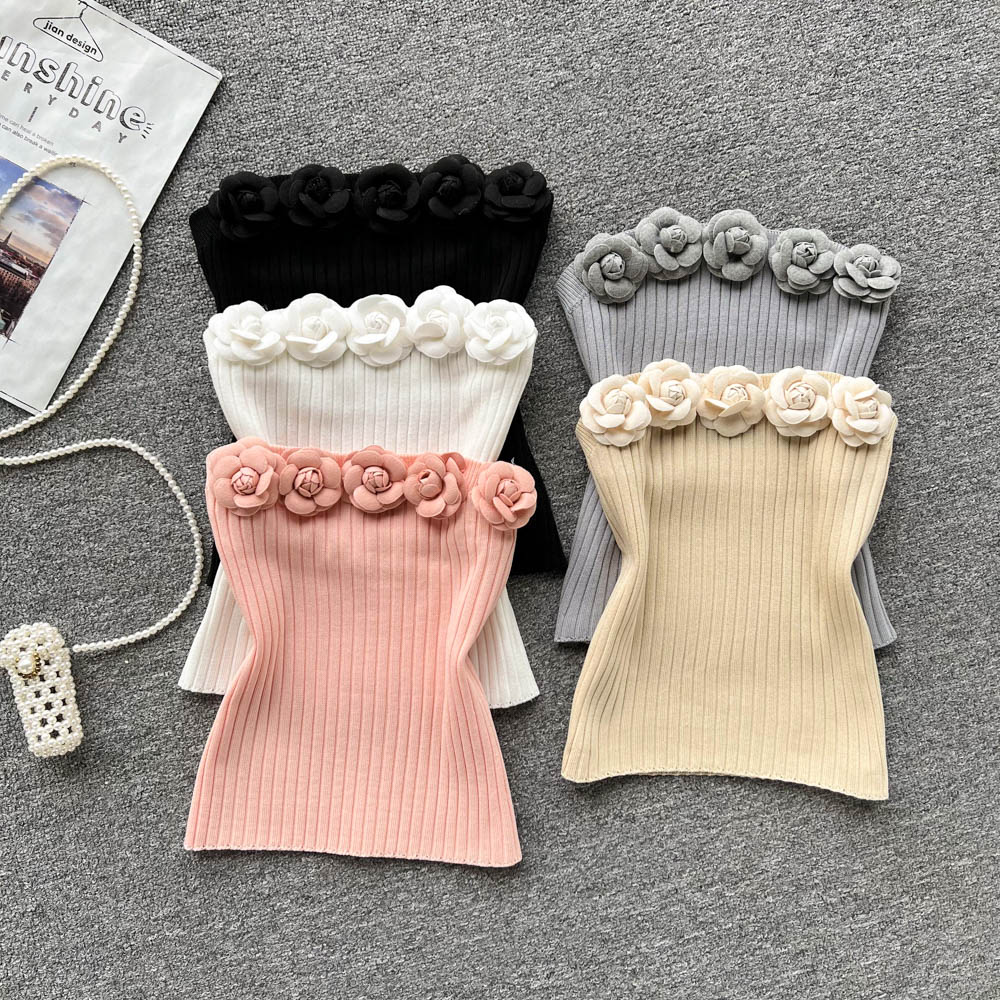 New design women's sexy strapless tube top off shoulder knitted 3D flowers patched vest short tanks camis, White
New design women's sexy strapless tube top off shoulder knitted 3D flowers patched vest short tanks camis, White