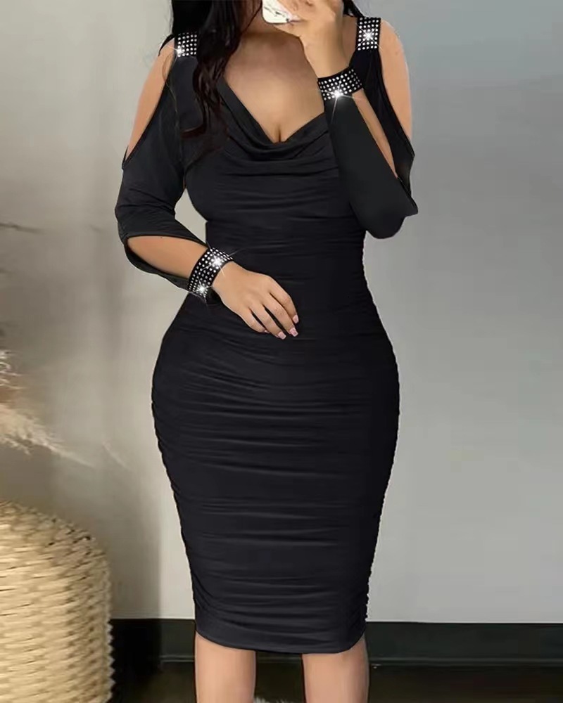 Party Dresses Autumn Sexy Elegant Off Shoulder Tight Women Fashion V-Neck Hollow Out Diamond Long Sleeve Stacked Slim 230211