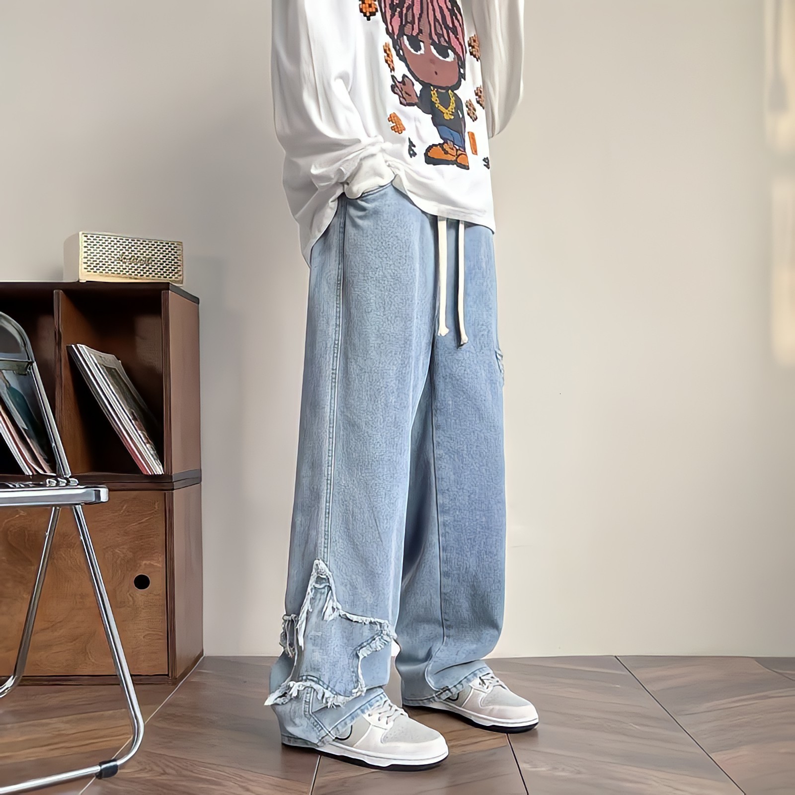 Men's Jeans American Style Streetwear Vintage Y2k Embroidery Star Black For Men Hippie Grunge Clothes Casual Straight Wide Leg Pants 230211