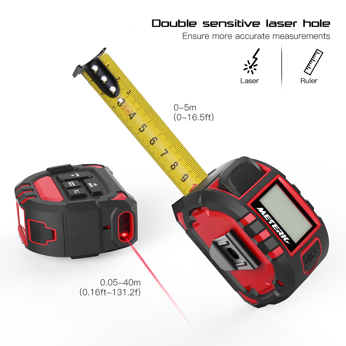 Tape Measures Meterk Portable 2 in 1 LCD Laser Distance Meter Multifunctional Laser Tape Measure 131Ft/40M 16Ft/5M Laser Measuring Instruments 230211