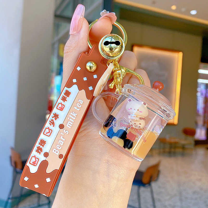 Key Rings Cute Oily Pearl Milk Tea Bear Floating Liquid Keychain Pendant Cup Drink Bottle llaveros Keychain keyring brelok sleutelhanger G230210