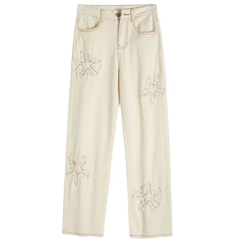 Women's Jeans Wash paste cloth with rough edges flowers waist straight tube loose and thin versatile jeans women's high street 230211 Z26031