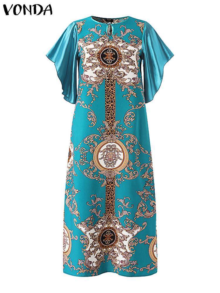 Party Dresses VONDA Bohemian Maxi Dress Women Half Sleeve Ruffled Vintage Printed Robe Femme Summer Casual Loose Ruffles Vestidos 230211