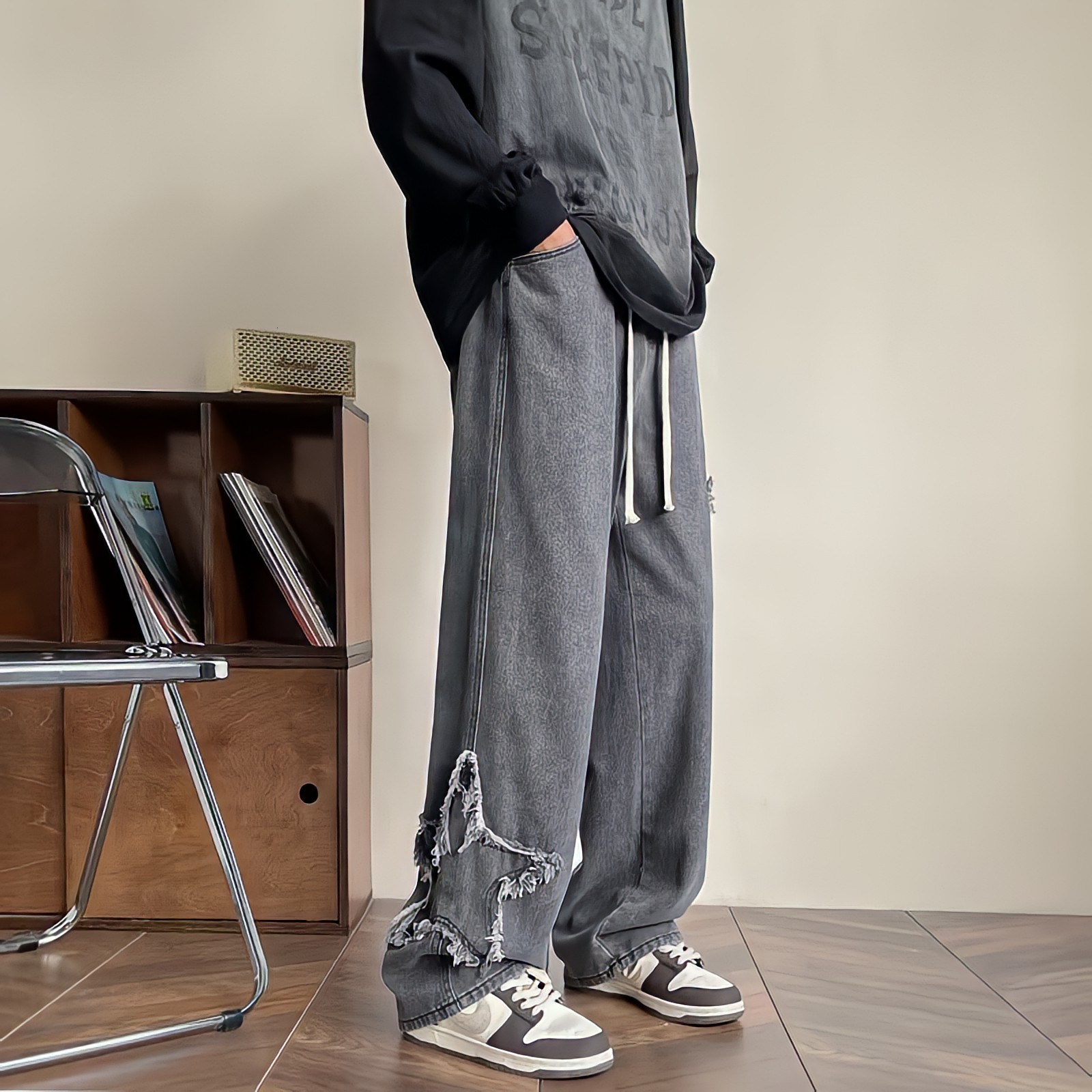 Men's Jeans American Style Streetwear Vintage Y2k Embroidery Star Black For Men Hippie Grunge Clothes Casual Straight Wide Leg Pants 230211