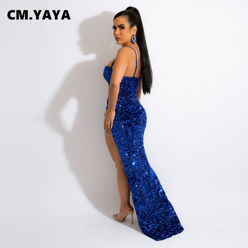 Party Dresses CM.YAYA Women Mesh Patchwork High Side Split Sequin Bodycon Midi Backless Maxi Long Sexy Night Spaghetti Strap 230211
