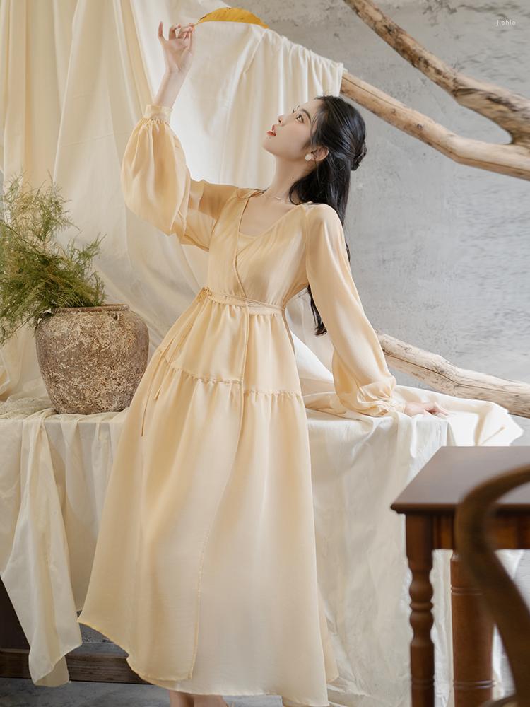 Casual Dresses Gentle Wind Fairy 2 Piece Set Female Crew Neck Simple Slip Dress Lantern Sleeve V-neck Loose Lace-up Retro Women