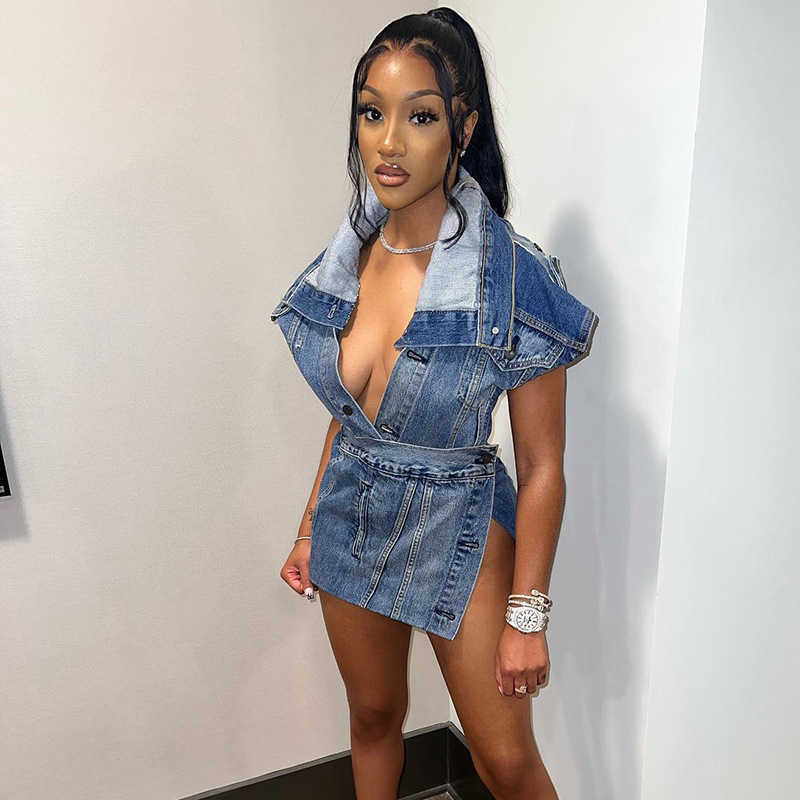 Dresses ANJAMANOR Streetwear Casual Fashion Denim Two Piece Set For Women Split Mini Skirt And Top Sexy Summer 2023 Outfits Dress Sets D85-Fi49 T2