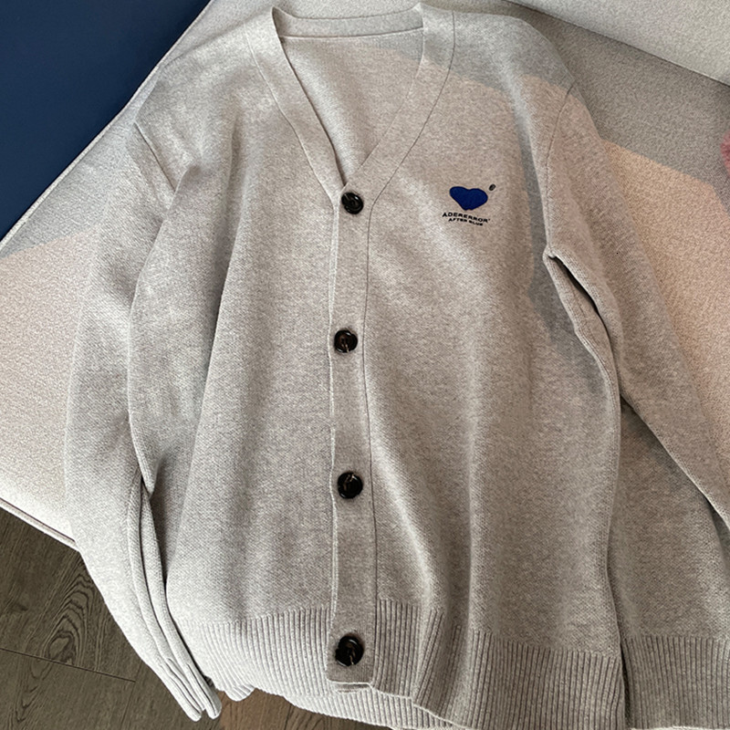 Men's Sweaters Men Women ADERERROR Sweater Embroidery Double Heart VNeck Casual Ader Knitted Cardigan Coat 230210